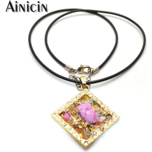 Pink Drusy Crystal Paved On Square Shape Pendants Gold Plating 18'' Leather Chain Fashion Women Choker Necklace Birthday Gift