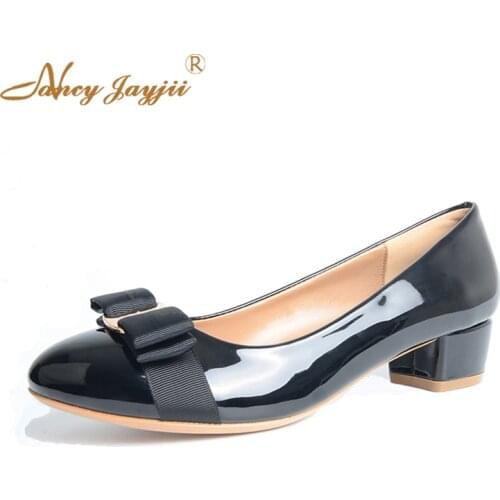 Black Genuine Leather Cute Bow Pumps 2021 Women Solid Round Toe 4cm Mid Square Heels Blue Nude Shoes For Women Party Wedding