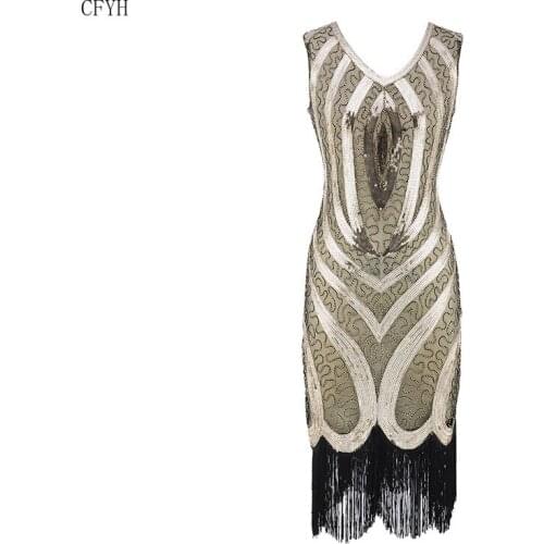 Vintage Women 1920s Flapper Dress Handmade V Neck Sequin Dress Sparkly Ladies Cocktail Party Dress for Prom Theme Party
