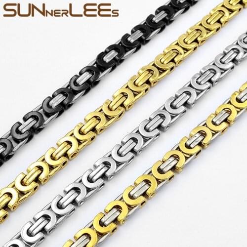 SUNNERLEES Jewelry Stainless Steel Necklace 6mm~11mm Box Byzantine Link Chain Silver Color Gold Plated Men Women Gift SC07