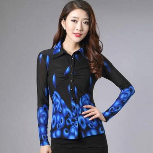 Spring Summer Fashion Women Printed Full Sleeve Slim 3XL Mesh Blouse , Fall Casual Stretch Cardigan Blouses Shirts For Woman