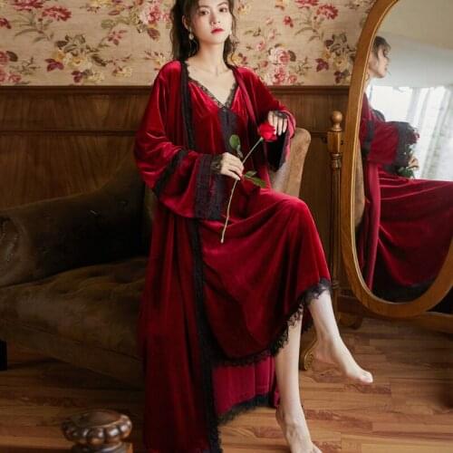 Wasteheart Winter Red Blue Womens Sleep Pajama Sets Sleepwear Nightwear Suits Lace Plus Size 2 Pieces Robe Gown Sets Pleuche