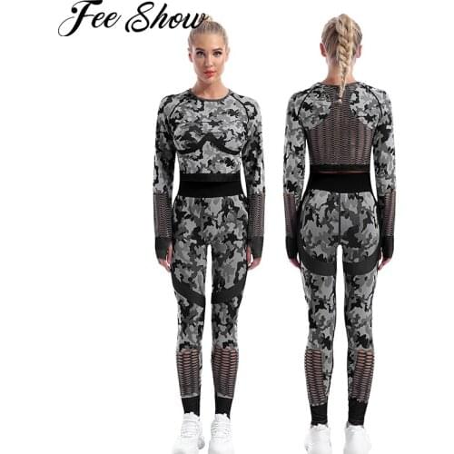 Womens Hollow Out Yoga sets Gym Tracksuits Two-piece Yoga Fitness Outfits Camouflage Long Sleeve Crop Top with Sports Leggings