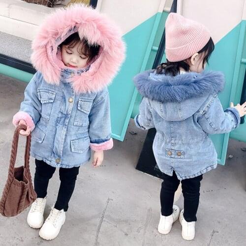 Winter Girls Denim Plus Velvet Jacket Children Cotton Padded Hooded Windbreaker Kids Thick Warm Fur Collar Parkas Coats