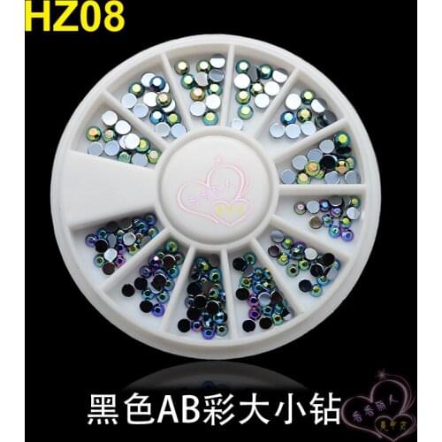 New Mix Different sizes Black 3D Nail AB Rhinestone Pearls Art Flatback Nail Tips Sticker Decoration Wheel