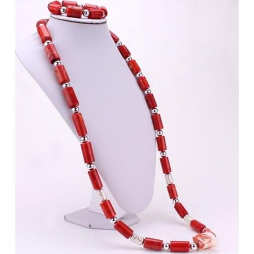 4ujewelry 45 Inches 13-14mm Coral Beads For Nigerian Wedding Men Red / Wine Original African Coral Beads Bracelet Necklace Set