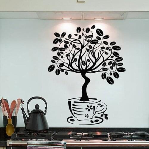 Large Cup Coffee Beans Tree Flowers Bar Wall Decal Kitchen Dinning Room But First Cafe Love Wall Sticker Vinyl Decor