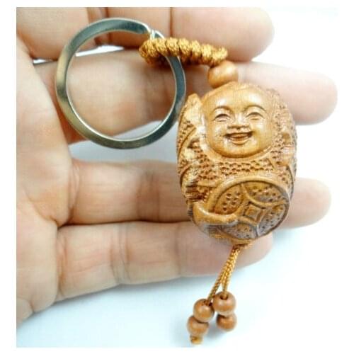 Mahogany Three-dimensional Engraving Key Chain Lifelike Money Buddha Pendant Key Ring Jewelry Gift For Car Accessories L32