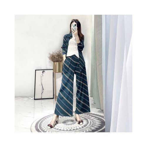 HOT SELLING Miyake The new fold long sleeve Single-breaste o-neck irregular coat + pleated pants Stripe suit IN STOCK