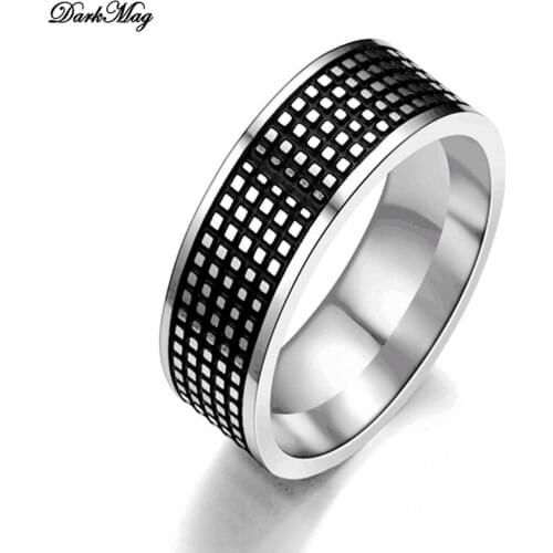 DarkMag Stainless Steel Silver Color Rings For Women 8mm Width Black Grid Charm Finger Rings Size 6-13 Wedding Band Jewelry