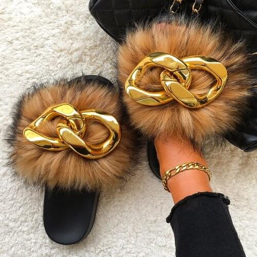 Furry Slippers Women Faux Fur Slides Ladies Big Gold Chain Fluffy Flip Flops Summer Beach Flat Sandals House Plush Slippers 2021