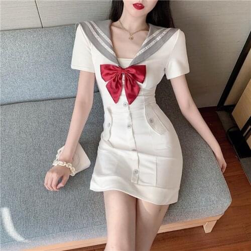 Spring/Autumn Sweet Girl Japanese Kawaii Woman Lolita Dress Sailor Collar Preppy JSK Uniform Sexy Cute Bow Harajuku Maid Dress
