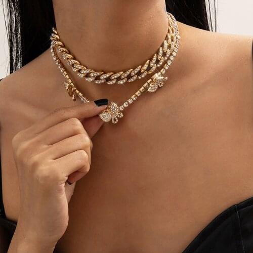 Punk temperament simple jewelry with Cuban claw chain multi-layer full rhinestone butterfly necklace set for female gifts