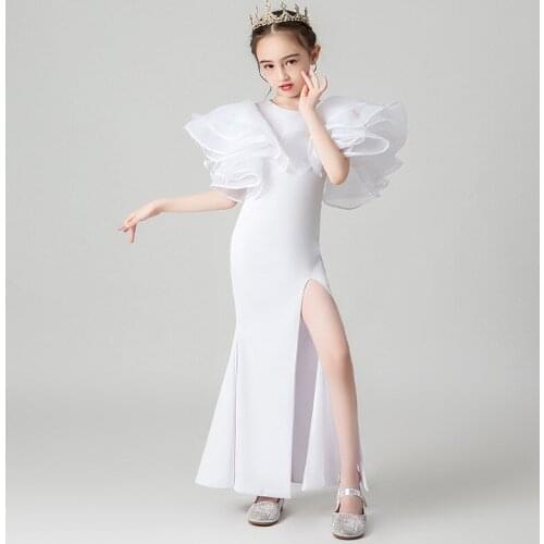 Communion Dress Girl White Ruffle Sleeves Flower Girl Dresses For Weddings Side Slit Angel Girl Dresses Partywear Birthday