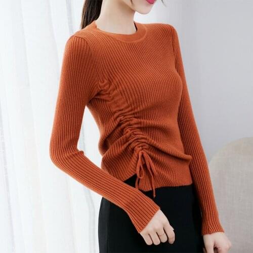 WWENN Sexy Pleated knitting pullover top Fashion autumn winter sweater women Chic o-neck knit slim jumper lace up pull femme
