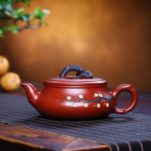 ★Yixing purple clay pot factory direct sales] raw Dahongpao HAND PAINTED PINE plum flat drum pot special price