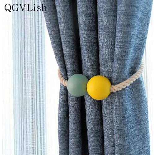 QGVLish 2Pcs Wood Ball With Magnet Curtain Tiebacks Strap Hanging Belt Curtain Accessories Buckle Holder Bind Clips Home Decor