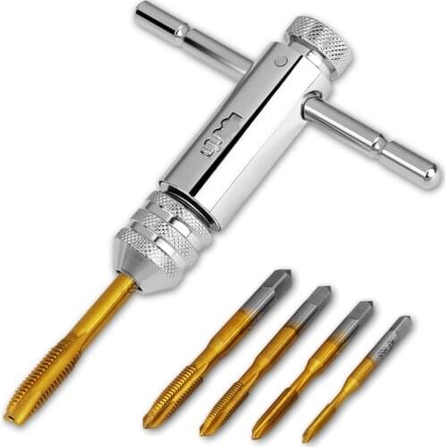1pc Adjustable M3-M8 T Handle Ratchet Tap Wrench with 5pcs Screw Thread Tap Drill Metric Plug Tap Drill Hand Tap Wrench Set