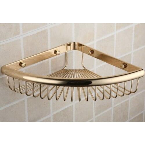 Luxury Gold Color Brass Wall Mounted Bathroom Accessory Single Tier Soap / Sponge Corner Shower Storage Basket aba099