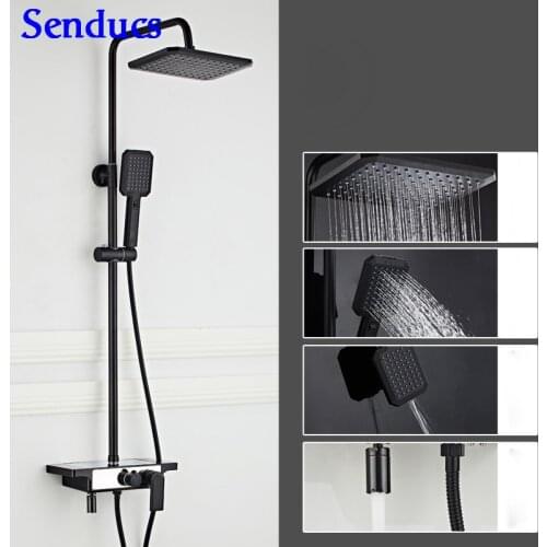 Senducs Luxury Black Shower Set Quality Brass Bathroom Shower Faucet 8 Inch Rain Shower Head Single Leaver Spa Black Shower Set