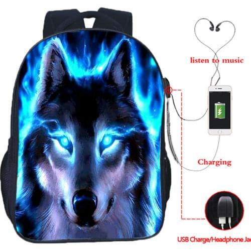 Cool Animal Wolf Backpack USB Design Backpack boys girls Rucksack School Bags for Teens School Bagpack Daily Hiking Knapsack