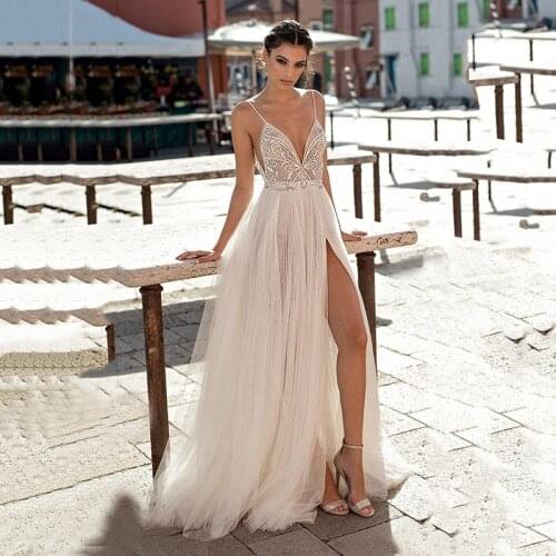 Sexy V Neck Backless Beach Wedding Dresses 2021 Side Split Spaghetti Illusion Boho A-Line Wedding Dress Bohemian Bridal Gowns