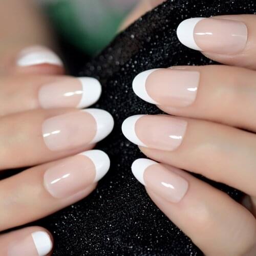 Medium White Edge Almond Flase Nails Pink Gel Tips Decoration Nails False Hand Dummy Fake Nails Nails Fingernails Optional