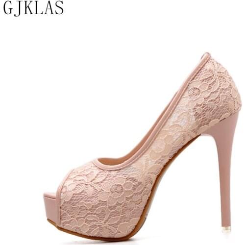 Peep Toe Heels 12 Cm Sexy Pumps Women Shoes High Heels Lace Party Shoes for Women Platform Shoes Woman Pink Black Stiletto Heels