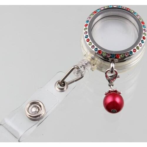 Retractable Ski Pass ID Card Badge Holder Reel With 30MM Locket Screw Stainless Rhinestone Floating Locket + Red Pearl Charms