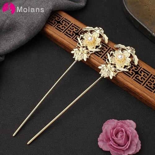 Molans Traditional Vintage Ancient Chinese Hairpins Pearl Hair Sticks Fork for Women Bride Hair Clips Hair Accessories Headdress