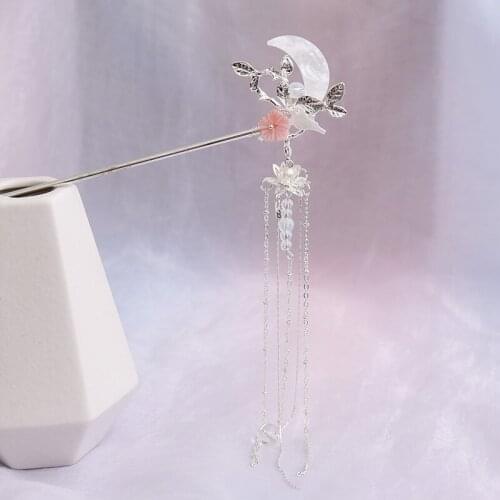 Chinese Style Hanfu Headpiece Women Moon Tassel Hairpin Step Shake Classical Hair Ornaments Vintage Jewelry MA