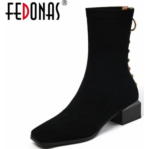 FEDONAS Retro Rivets Women Ankle Boots Back Zipper Autumn Winter Office Lady Slim Short Stretch Boots Square Heels Shoes Woman