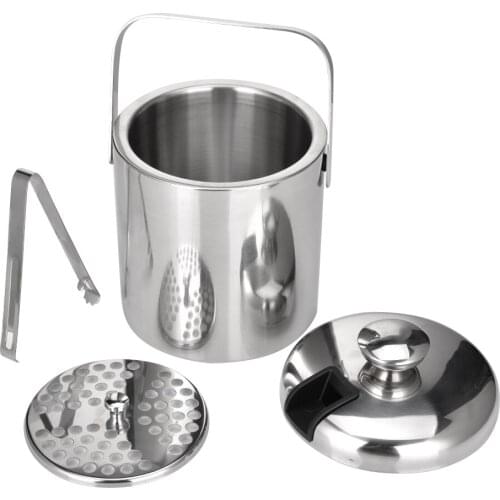1.3L Double Walled ice bucket Stainless steel Ice Cube Container with ice tong Clip Lid for storage and bar cooler