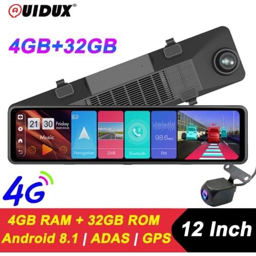 QUIDUX 4GB+32GB WIFI Car DVR Camera Android 8.1 Stream RearView Mirror 12'' 1080P Drive Video Auto Recorder Registrator Dash cam