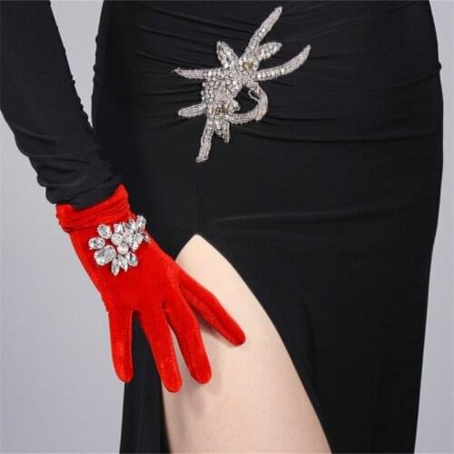 Inlaid Rhinestones Velvet Gloves 22cm Short Style Red High Elastic Swan Velour Gold Velvet A+ Rhinestone Ruby Female WSR28