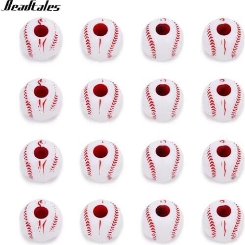 Beadtales 50pcs/lot 12mm Acrylic Beads Big Hole Sport Baseball Ball Loose Spacer Beads for Jewelry Bracelet Necklace Making