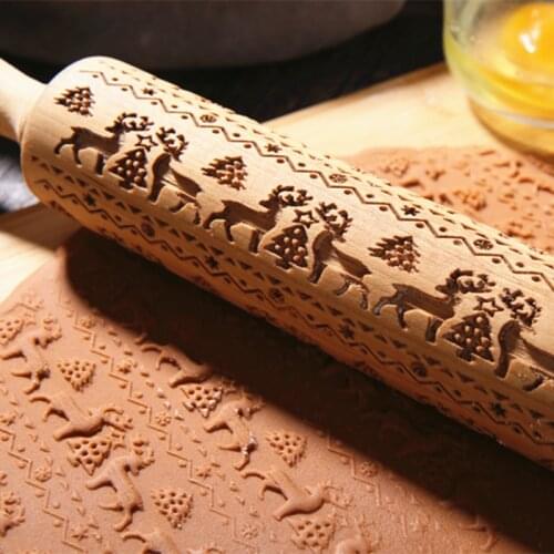 Christmas Deer Wooden Rolling Pin Embossing Baking Cookie Noodle Biscuit Cake Dough Patterned Roller Snowflake Baking Accessorie