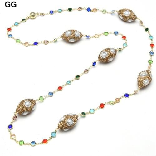 GG Jewelry Natural White Pearl Crystal CZ Pave Beads Station Long Necklace Gold Plated Colorful Cz Chain 39" For Women