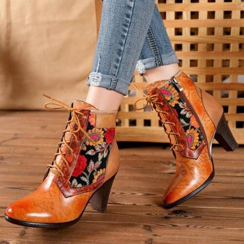 Johnature Genuine Leather Women Boots Hand-painted Zip Round Toe Cross-tied Embroidery Cloth Retro Handmade Ankle Platform Boots