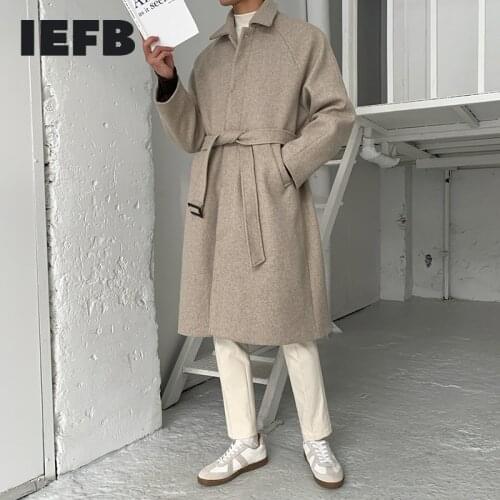 IEFB Bandage Mens Woolen Coat 2021 Autumn Winter Korean Fashion Thickened Warm Loose Trend Medium Length Long Coats 9Y8458