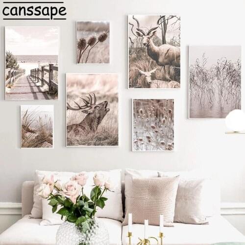 Wild Deer Wall Poster Hay Landscape Canvas Painting Dead Grass Bridge Art Print Nordic Wall Pictures For Living Room Decor