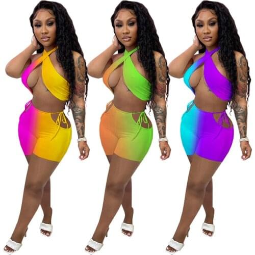 Neon Women 2 Piece Set Color Patchwork Halter Crop Top + Hollow Out Biker Shorts Sexy Club Party Shorts Matching Set Jogger Set