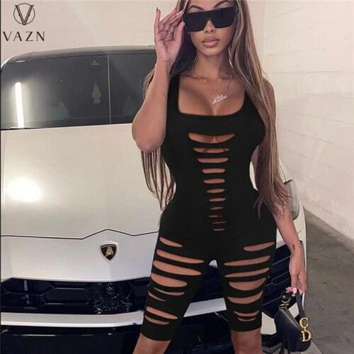 VAZN 2021 New Hollow Out Playsuits Solid Sexy Open Yong Soft Tank Sleeve Free High Waist Women Slim Playsuits