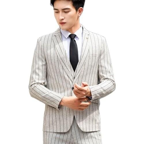 2021Autumn and winter male Korean style slim striped linen suit suit two-piece suit + trousers