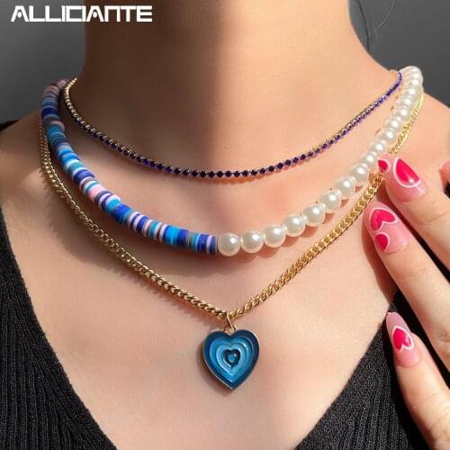 3 Pcs/set Boho Pearl Heishi Beads Asymmetric Choker Necklaces For Women Blue Heart Crystal Tennis Chain Pendant Necklace Jewelry