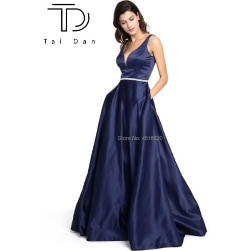 A-line Prom Dress Deep V-neck Sleeveless Satin Formal Evening Prom Dress Long Open Back Shining Stone Belt Girl Dress Party Gown