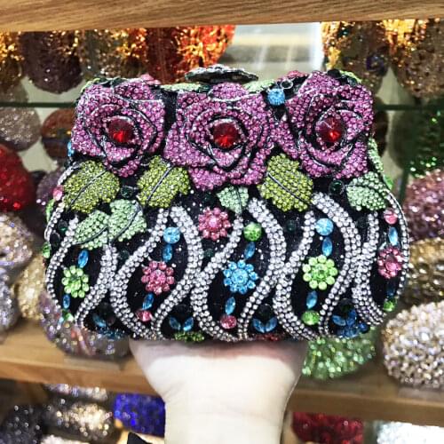 Design Dark Green Crystal Clutch Bags High Quality 20 Colors Diamond Rhinestone Lady Floral Party Purse Clutches Mini Minaudiere