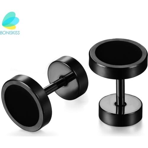 BONISKISS Handmade Round Black Stud Earring Stainless Steel Bar Double Side Barbell Dumbbell Gothic Earring for Women Men