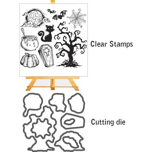 AZSG Halloween Withered Tree Cat Cuting Dies Clear Stamps For DIY Scrapbooking/Album/Card Making Decorative Silicone Stamp Craft