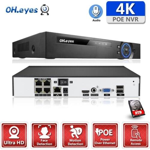 4CH 4K POE NVR Face Recognition H.265+ Onvif Network Video Recorder 2 HDD Recording IP Camera P2P System